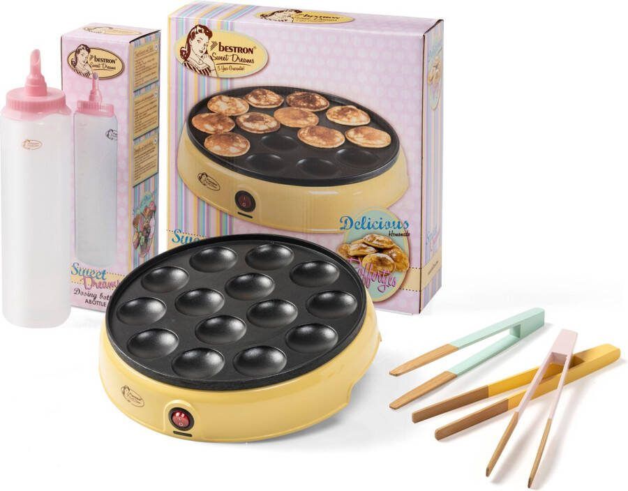 Bestron Poffertjesmaker in retro design + doseerfles voor 700 ml met schaalverdeling + 3x Servertang Cadeu set kleur: Multikleurig Geel
