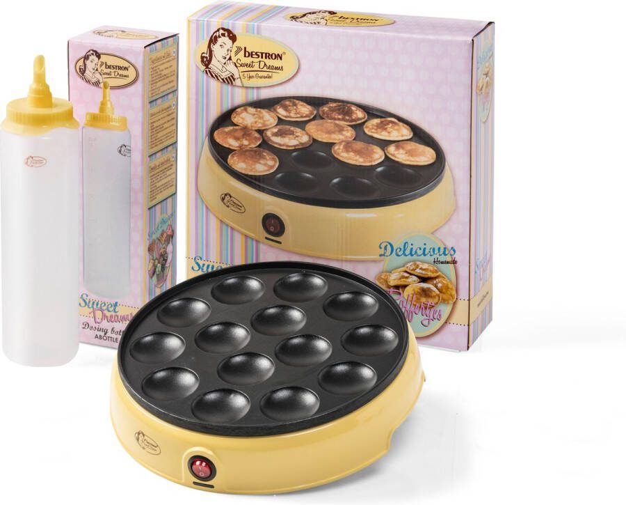 Bestron Poffertjesmaker in retro design + doseerfles voor 700 ml met schaalverdeling cadeu set kleur: Multikleurig Geel