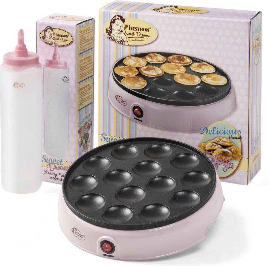 Bestron Poffertjesmaker in retro design elektrische Poffertjespan + doseerfles voor 700 ml met schaalverdeling cadeu set kleur: Roze