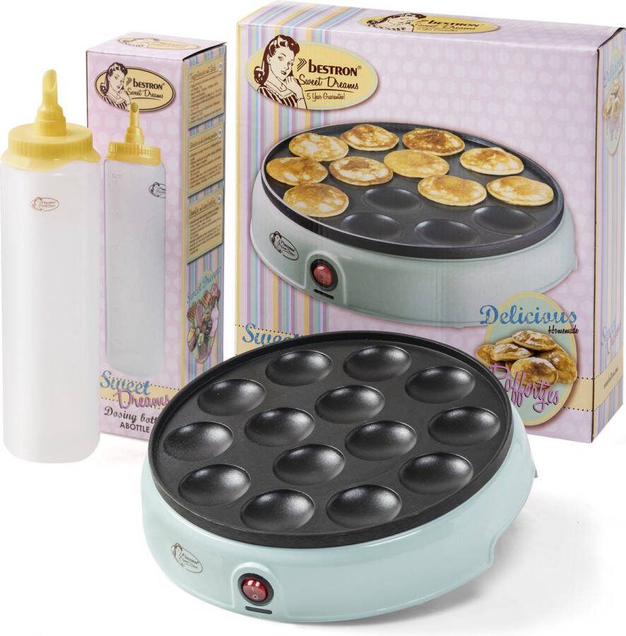 Bestron Poffertjesmaker in retro design elektrische Poffertjespan + doseerfles voor 700 ml met schaalverdeling cadeu set kleur: Mint Geel