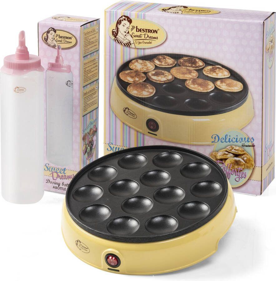 Bestron Poffertjesmaker in retro design elektrische Poffertjespan + doseerfles voor 700 ml met schaalverdeling cadeu set kleur: Geel