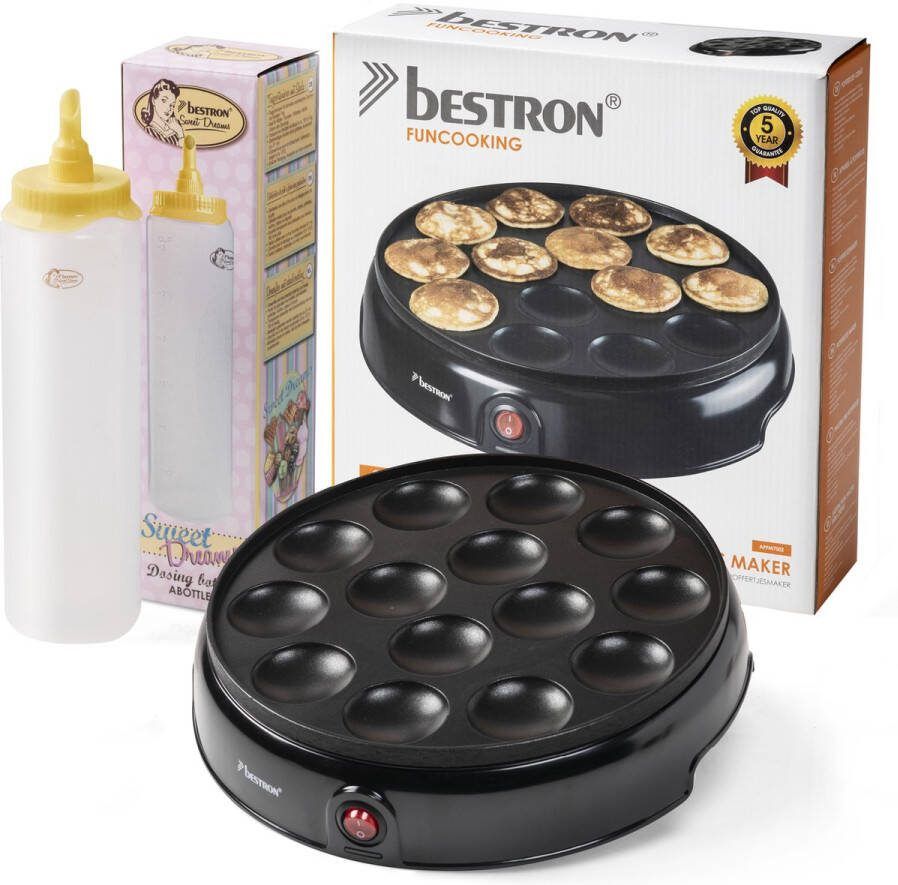Bestron Poffertjesmaker in retro design elektrische Poffertjespan + doseerfles voor 700 ml met schaalverdeling cadeu set kleur: Zwart Geel