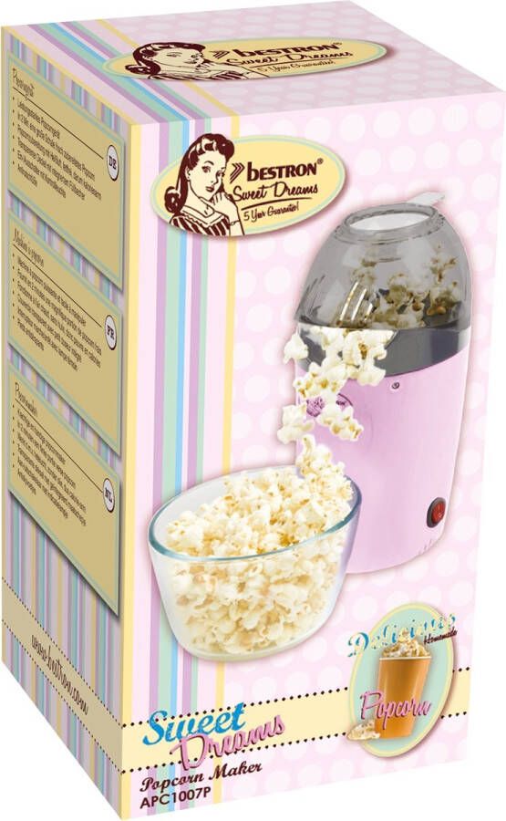 Bestron Popcorn machine voor het maken van 50 gr. popcorn hetelucht Popcorn maker voor popcorn in 2 minuten vetvrij 1200 Watt kleur: roze