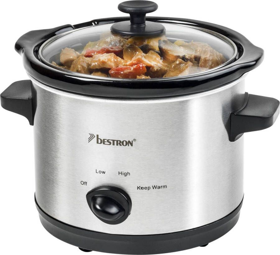 Bestron Slowcooker met 3 programma's keramische pan & glazen deksel voor 2 Personen 1 5L capaciteit vatwasserveilig 120 Watt kleur: zilver