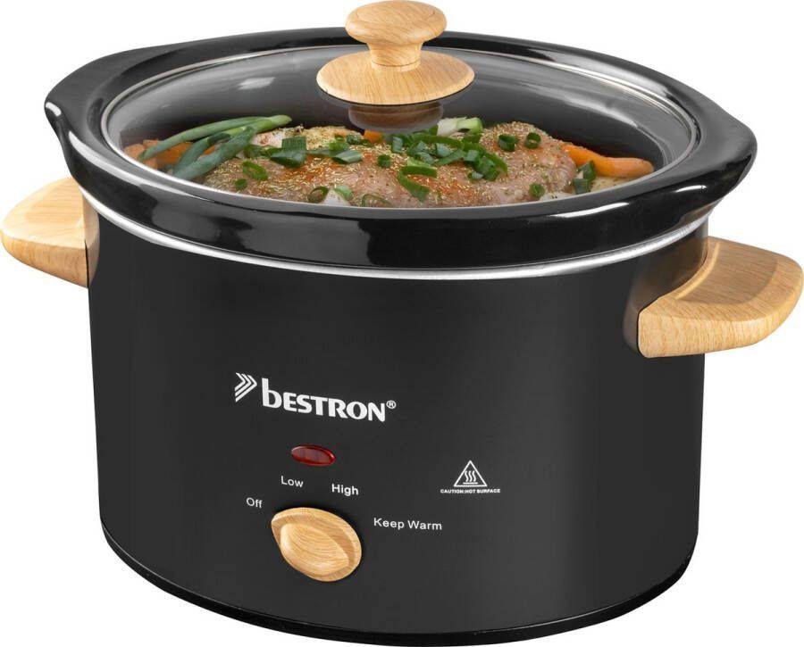 Bestron Slowcooker met 3 programma's keramische pan & glazen deksel voor 4 Personen 3.5L capaciteit vatwasserveilig 180 Watt Black & Wood Collection Zwart Hout
