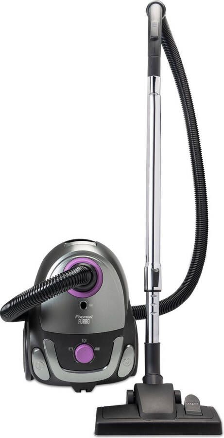 Bestron Stofzuiger met zak inclusief 3 stofzuigerzakken 94cm telescoopbuis & 7.5m actieradius met uitwasbare HEPA12 & Microfilter Zilver Lila