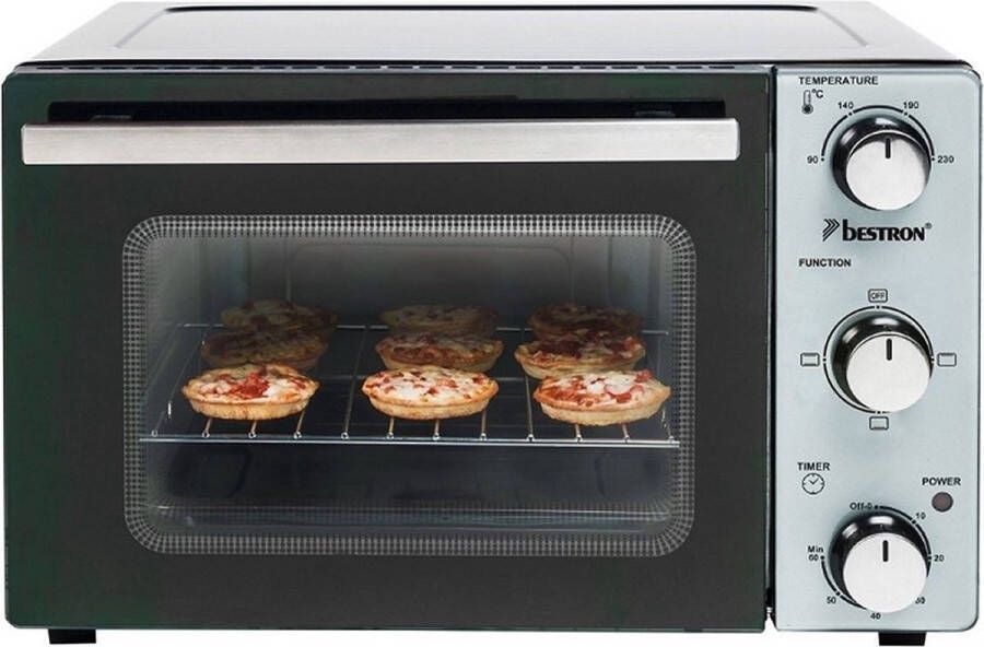 Bestron vrijstaande Mini Oven met 20L volume Bakoven inlcusief Grillrooster & Bakschaal met 3 programma's: Bovenwarmte Onderwarmte en Bovenwarmte + Onderwarmte tot max. 230 °C timerfunctie & indicatielampje 1300 Watt zilver zwart