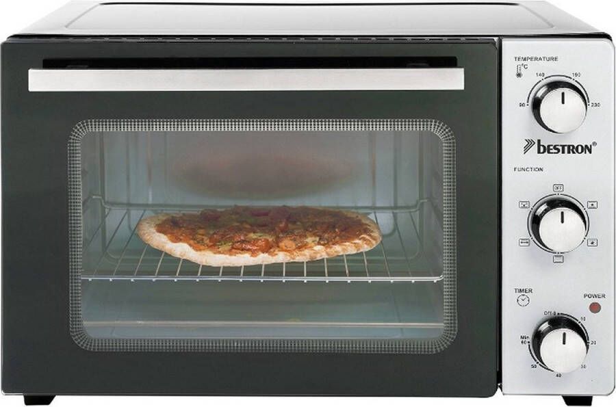 Bestron vrijstaande Mini Oven met 31L volume Bakoven inlcusief Grillrooster Draaispit Bakschaal & Heteluchtfunctie met 5 programma s tot max. 230 °C timer & indicatielampje 1500 Watt zilver zwart