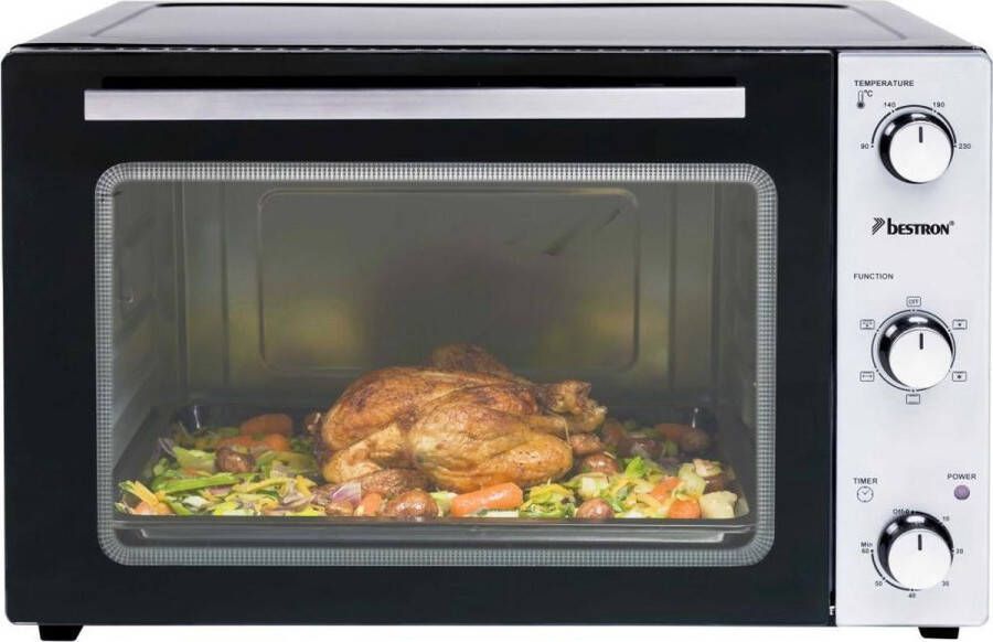 Bestron vrijstaande Oven met 55L volume Bakoven inlcusief Grillrooster Draaispit Bakschaal & Heteluchtfunctie met 5 programma s tot max. 230 °C timer & indicatielampje 2000 Watt zilver zwart