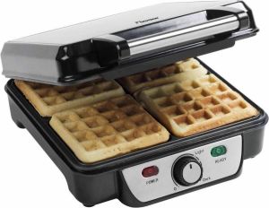 Bestron Wafelijzer voor 4 Brusselse wafels wafelmaker met thermostaat antianbaklaag & indicatielampje 1100W kleur: zilver