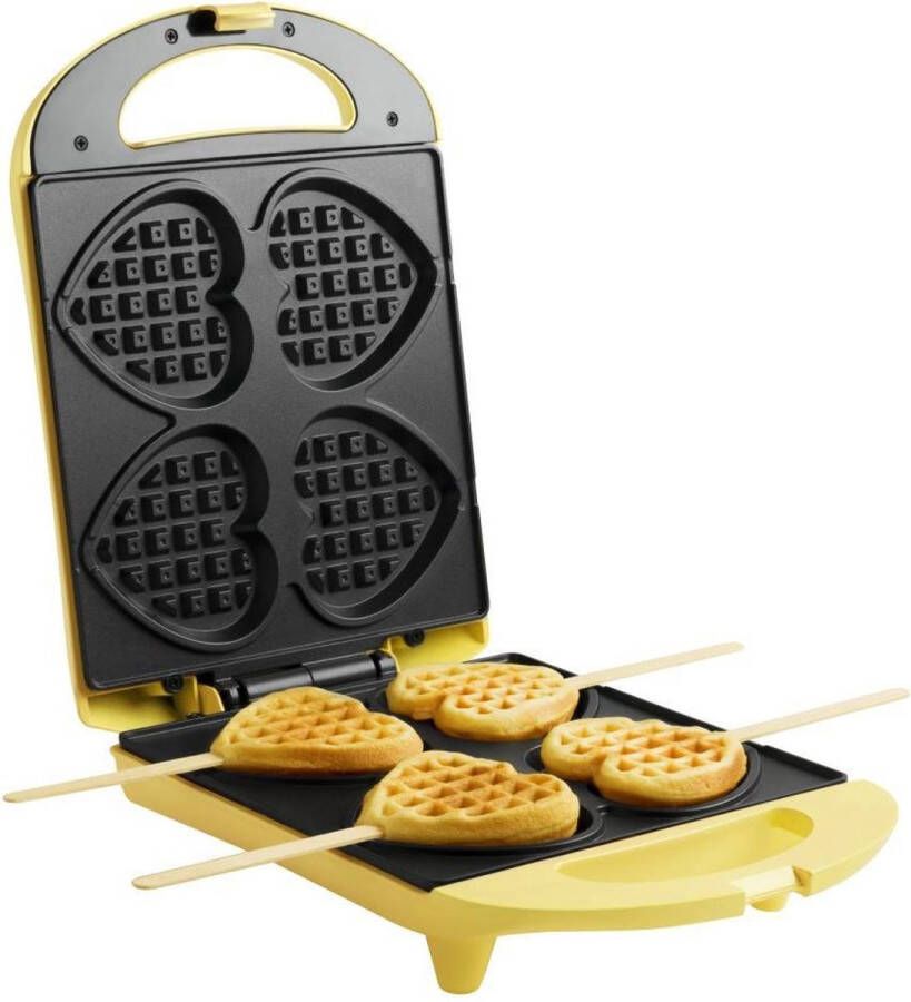 Bestron Wafelijzer voor hartvormige Wafels Wafelijzer hartvorm op een stokje Wafelmaker met antiaanbaklaag & indicatielampje incl. 20 houten stokjes Geel