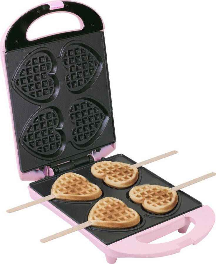 Bestron Wafelijzer voor hartvormige Wafels Wafelijzer hartvorm op een stokje Wafelmaker met antiaanbaklaag & indicatielampje incl. 20 houten stokjes Roze