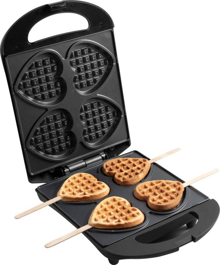 Bestron Wafelijzer voor hartvormige Wafels Wafelijzer hartvorm op een stokje Wafelmaker met antiaanbaklaag & indicatielampje incl. 20 houten stokjes Zwart