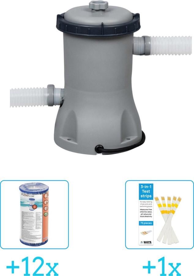 Bestway Flowclear 2006L 530gal Filter Pomp inclusief Flowclear Filter Cartridge (II) (12 stuks) & WAYS Testrips (1 stuks)