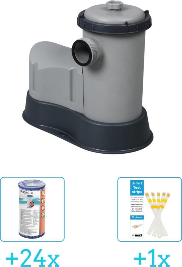 Bestway Flowclear 5678L 1500gal Filter Pomp inclusief Flowclear Filter Cartridge (III) (24 stuks) & WAYS Testrips (1 stuks)