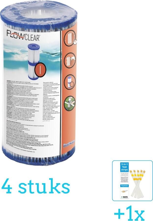 Bestway Flowclear Filter Cartridge (I) 4 stuks Voordeelverpakking Inclusief WAYS Testrips (1 stuks) Type 1 Type I filter Geschikt voor 58381 Pomp