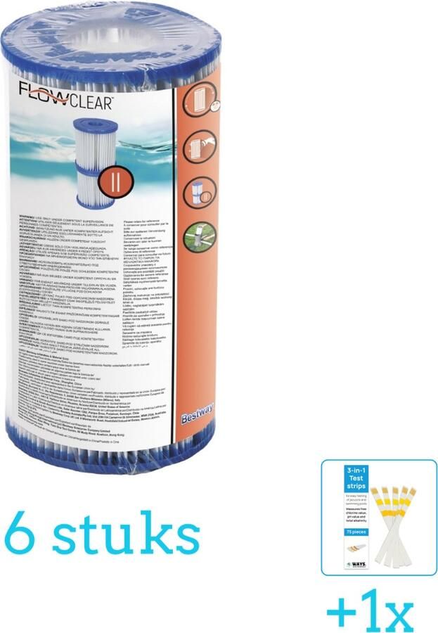 Bestway Flowclear Filter Cartridge (II) 6 stuks Voordeelverpakking Inclusief WAYS Testrips (1 stuks) Type 2 Type II filter Geschikt voor 58383 58386 Pomp