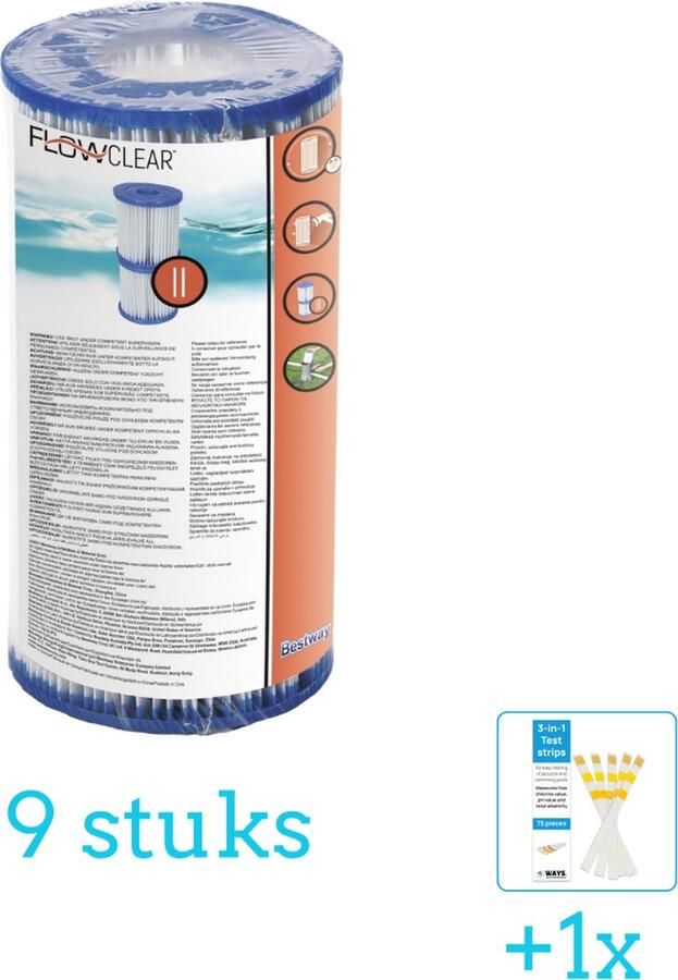 Bestway Flowclear Filter Cartridge (II) 9 stuks Voordeelverpakking Inclusief WAYS Testrips (1 stuks) Type 2 Type II filter Geschikt voor 58383 58386 Pomp