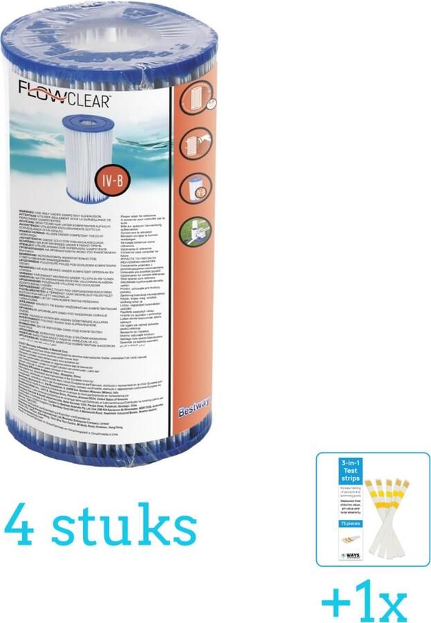 Bestway Flowclear Filtercartridge Type IV 4 stuks Voordeelverpakking Inclusief WAYS Testrips (1 stuks) Type 4 Type IV filter Geschikt voor 58391 Pomp