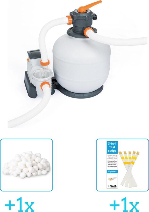 Bestway Zandfilterpomp 58486 11.355 liter per uur inclusief Intex Filterbollen Geschikt voor zandfilterpomp 29045 (1 stuks) & WAYS Testrips (1 stuks)