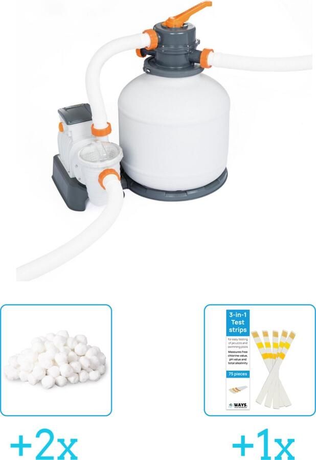 Bestway Zandfilterpomp 58497 5.678 liter per uur inclusief Intex Filterbollen Geschikt voor zandfilterpomp 29045 (2 stuks) & WAYS Testrips (1 stuks)