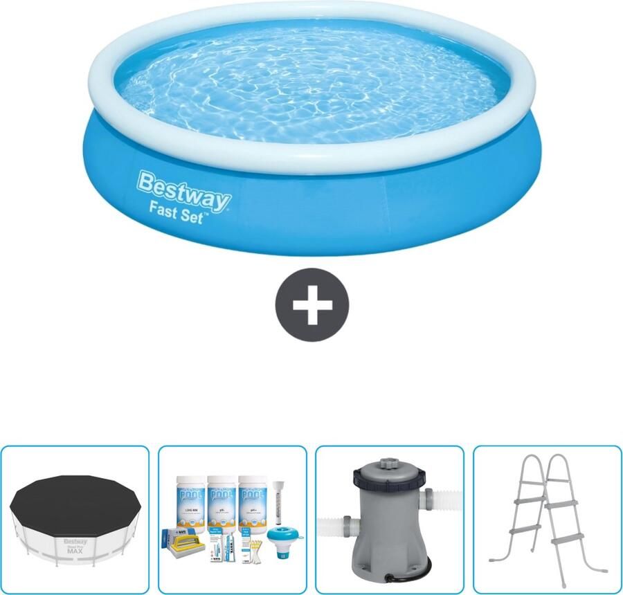 Bestway Fast Set Bestway Rond Opblaasbaar Fast Set Zwembad 366 x 76 cm Blauw Inclusief Afdekzeil Onderhoudspakket Pomp Ladder