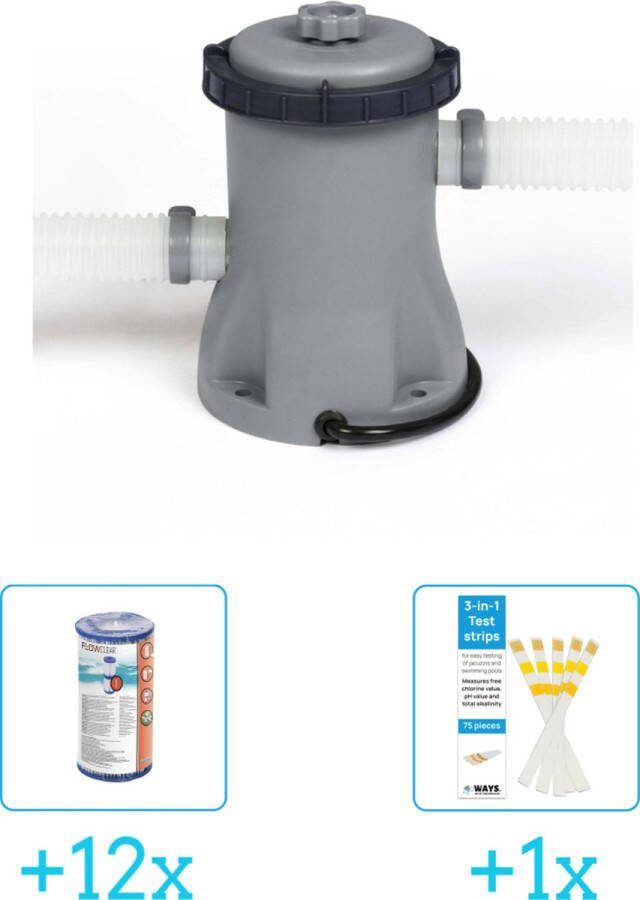 Bestway Flowclear 1249L 330gal Filter Pomp inclusief Flowclear Filter Cartridge (I) (12 stuks) & WAYS Testrips (1 stuks)