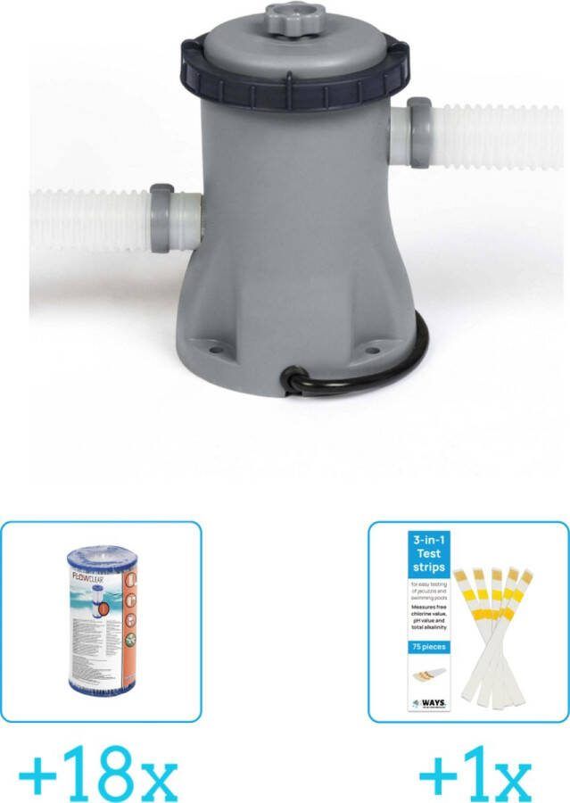 Bestway Flowclear 1249L 330gal Filter Pomp inclusief Flowclear Filter Cartridge (I) (18 stuks) & WAYS Testrips (1 stuks)