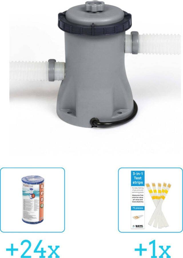 Bestway Flowclear 1249L 330gal Filter Pomp inclusief Flowclear Filter Cartridge (I) (24 stuks) & WAYS Testrips (1 stuks)