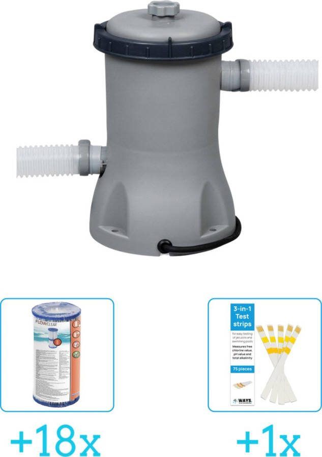 Bestway Flowclear 2006L 530gal Filter Pomp inclusief Flowclear Filter Cartridge (II) (18 stuks) & WAYS Testrips (1 stuks)