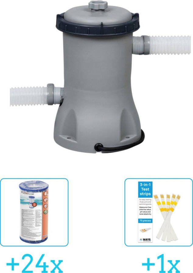 Bestway Flowclear 2006L 530gal Filter Pomp inclusief Flowclear Filter Cartridge (II) (24 stuks) & WAYS Testrips (1 stuks)