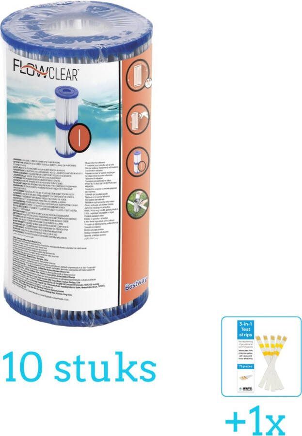 Bestway Flowclear Filter Cartridge (I) 10 stuks Voordeelverpakking Inclusief WAYS Testrips (1 stuks) Type 1 Type I filter Geschikt voor 58381 Pomp