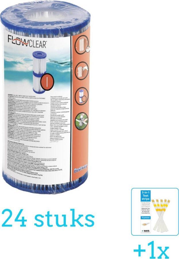 Bestway Flowclear Filter Cartridge (I) 24 stuks Voordeelverpakking Inclusief WAYS Testrips (1 stuks) Type 1 Type I filter Geschikt voor 58381 Pomp