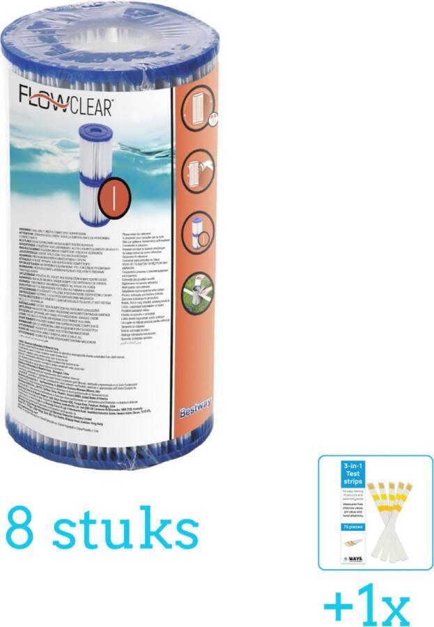 Bestway Flowclear Filter Cartridge (I) 8 stuks Voordeelverpakking Inclusief WAYS Testrips (1 stuks) Type 1 Type I filter Geschikt voor 58381 Pomp