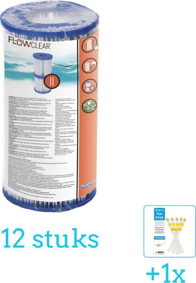 Bestway Flowclear Filter Cartridge (II) 12 stuks Voordeelverpakking Inclusief WAYS Testrips (1 stuks) Type 2 Type II filter Geschikt voor 58383 58386 Pomp