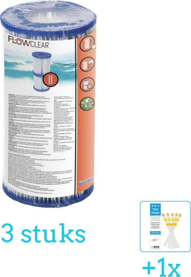 Bestway Flowclear Filter Cartridge (II) 3 stuks Voordeelverpakking Inclusief WAYS Testrips (1 stuks) Type 2 Type II filter Geschikt voor 58383 58386 Pomp