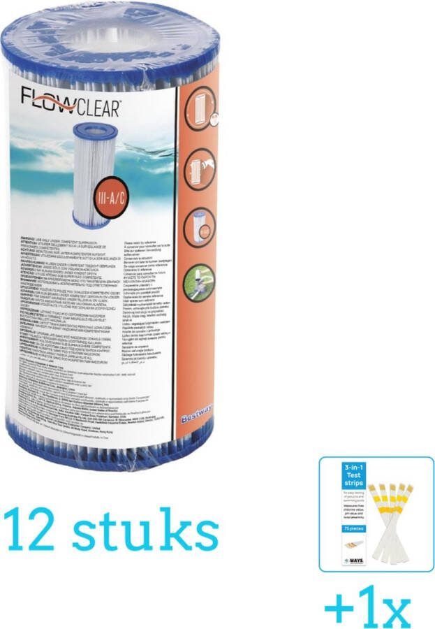 Bestway Flowclear Filter Cartridge (III) 12 stuks Voordeelverpakking Inclusief WAYS Testrips (1 stuks) Type 3 Type III filter Geschikt voor 58389 Pomp