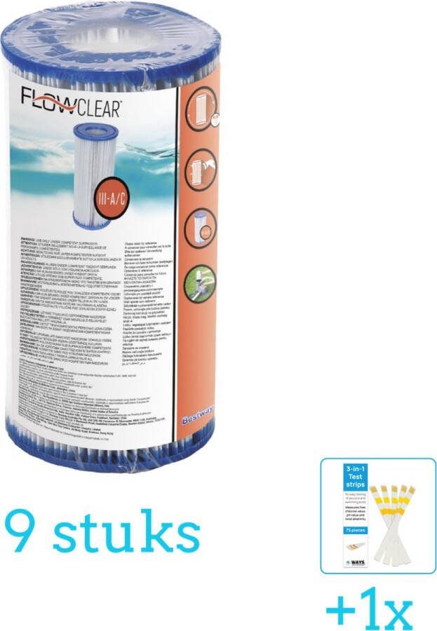 Bestway Flowclear Filter Cartridge (III) 9 stuks Voordeelverpakking Inclusief WAYS Testrips (1 stuks) Type 3 Type III filter Geschikt voor 58389 Pomp