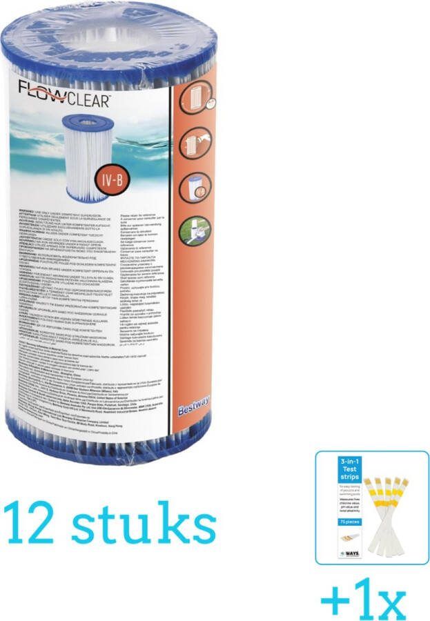 Bestway Flowclear Filtercartridge Type IV 12 stuks Voordeelverpakking Inclusief WAYS Testrips (1 stuks) Type 4 Type IV filter Geschikt voor 58391 Pomp