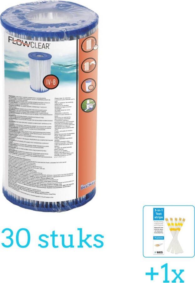 Bestway Flowclear Filtercartridge Type IV 30 stuks Voordeelverpakking Inclusief WAYS Testrips (1 stuks) Type 4 Type IV filter Geschikt voor 58391 Pomp