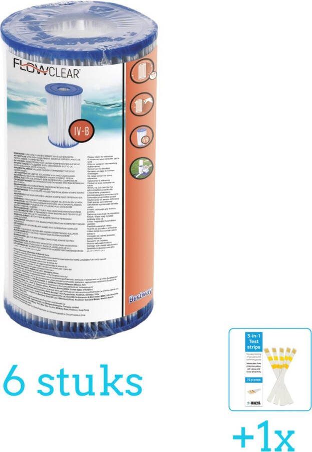 Bestway Flowclear Filtercartridge Type IV 6 stuks Voordeelverpakking Inclusief WAYS Testrips (1 stuks) Type 4 Type IV filter Geschikt voor 58391 Pomp
