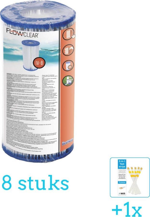 Bestway Flowclear Filtercartridge Type IV 8 stuks Voordeelverpakking Inclusief WAYS Testrips (1 stuks) Type 4 Type IV filter Geschikt voor 58391 Pomp