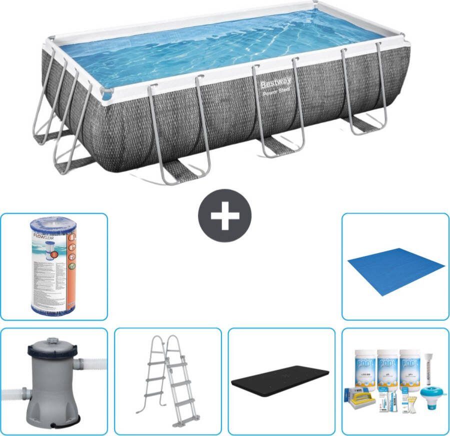 Bestway Power Steel Bestway Rechthoekig Power Steel Zwembad Rattanprint 404 x 201 x 100 Inclusief Pomp Ladder Afdekzeil Onderhoudspakket Filter Grondzeil