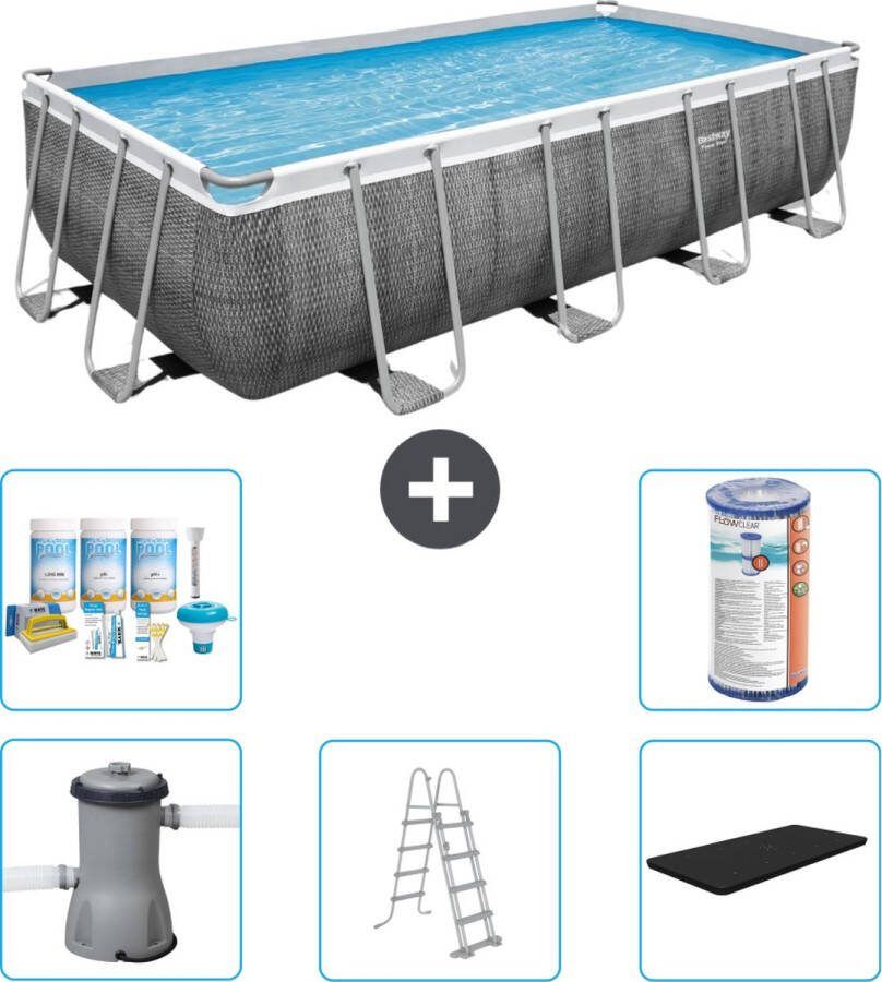 Bestway Power Steel Bestway Rechthoekig Power Steel Zwembad Rattanprint 488 x 244 x 122 Inclusief Pomp Ladder Afdekzeil Onderhoudspakket Filter