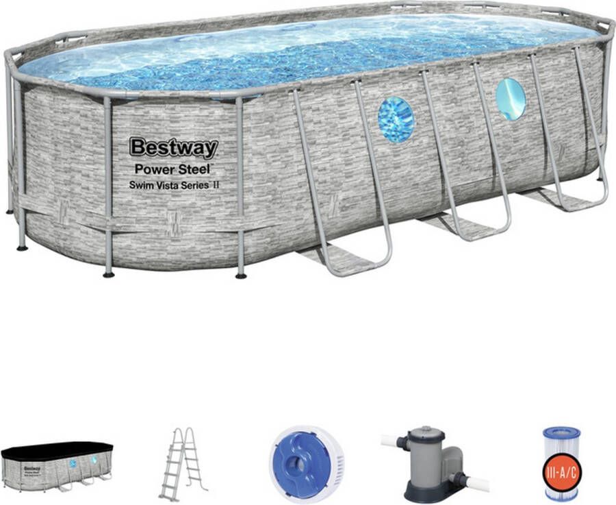Bestway Power Steel Zwembad 549x274x122 cm met pomp en trap grijs stone look