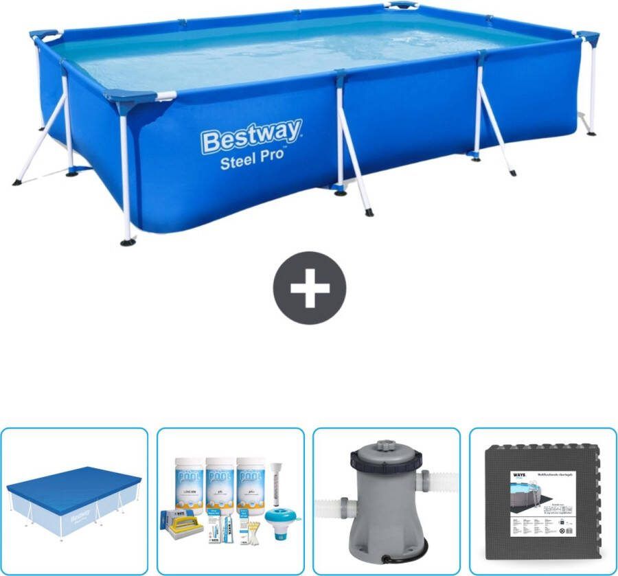 Bestway Steel Pro Bestway Rechthoekig Steel Pro Zwembad 300 x 201 x 66 cm Blauw Inclusief Afdekzeil Onderhoudspakket Pomp Vloertegels