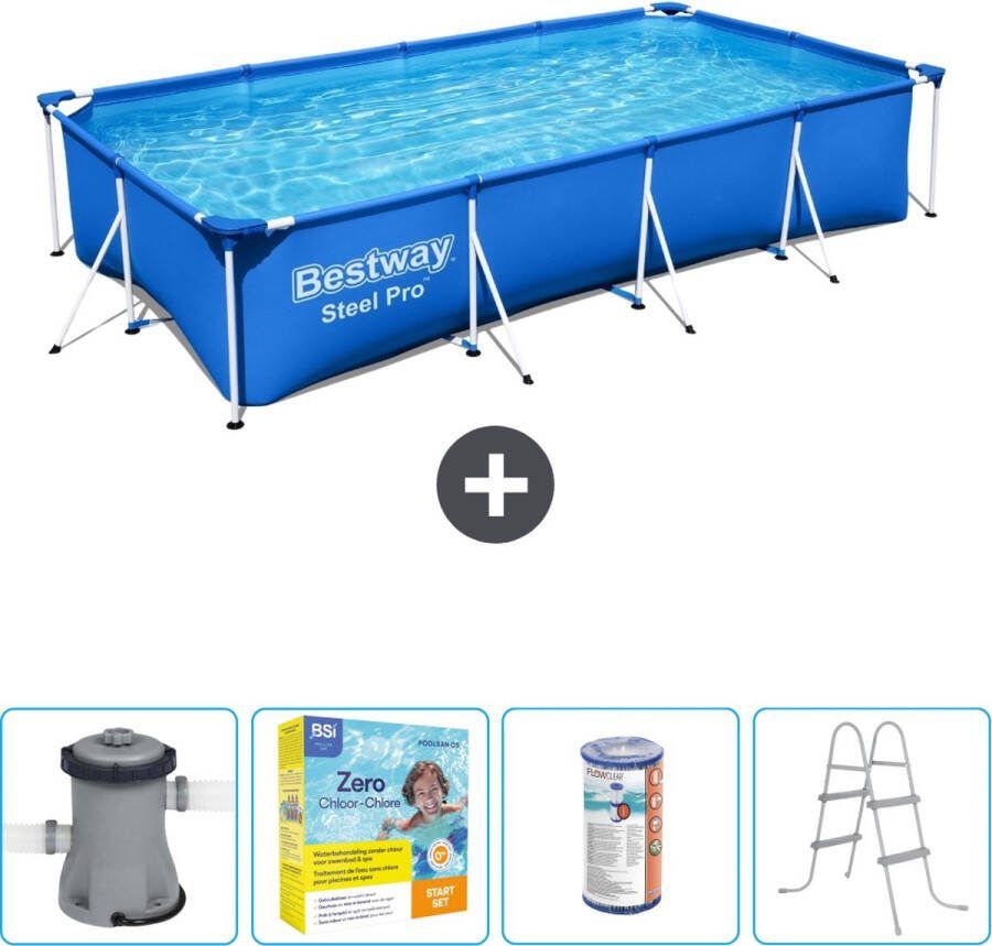 Bestway Steel Pro Bestway Rechthoekig Steel Pro Zwembad 400 x 211 x 81 cm Blauw Inclusief Pomp Onderhoudspakket Filter Ladder