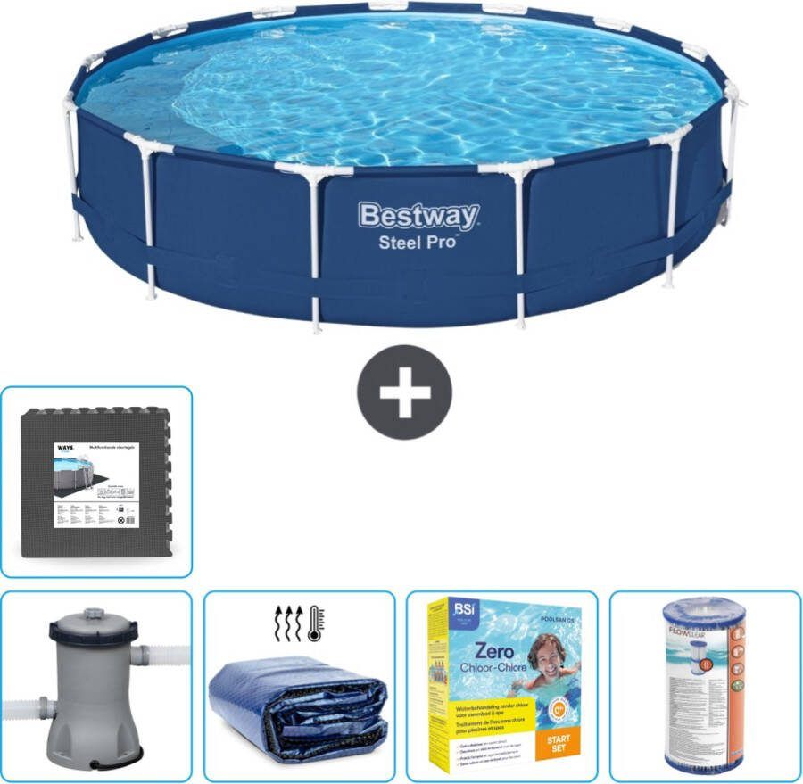 Bestway Steel Pro Bestway Rond Steel Pro Zwembad 396 x 84 cm Blauw Inclusief Pomp Solarzeil Onderhoudspakket Filter Vloertegels