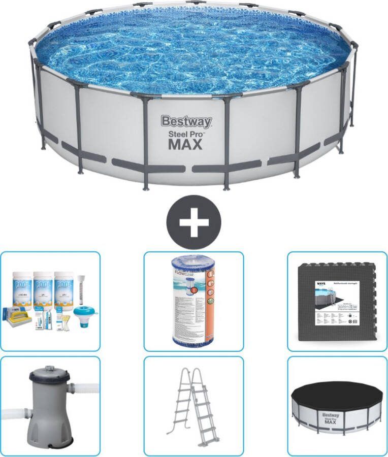 Bestway Steel Pro Max Bestway Rond Steel Pro MAX Zwembad 457 x 122 cm Grijs Inclusief Pomp Ladder Afdekzeil Onderhoudspakket Filter Vloertegels