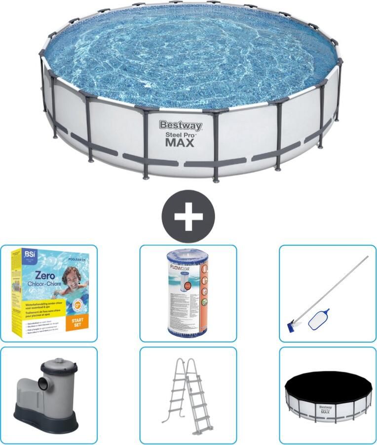 Bestway Steel Pro Max Bestway Rond Steel Pro MAX Zwembad 549 x 122 cm Grijs Inclusief Pomp Ladder Afdekzeil Onderhoudspakket Filter Schoonmaakset